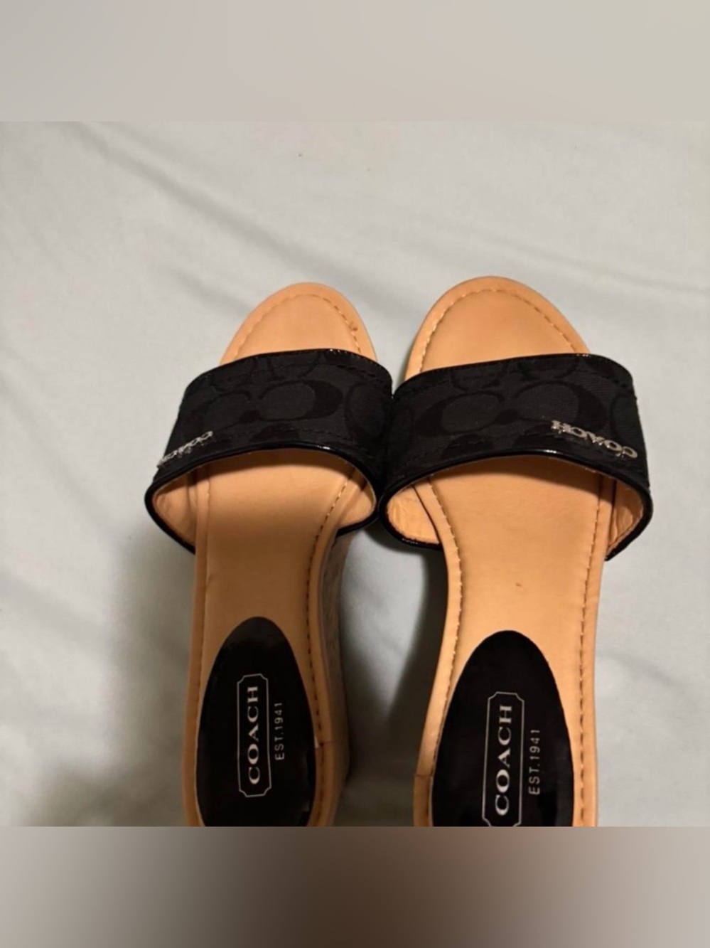 Coach Black Fabric Cork Wedge Slide Sandals - Picture 3 of 4